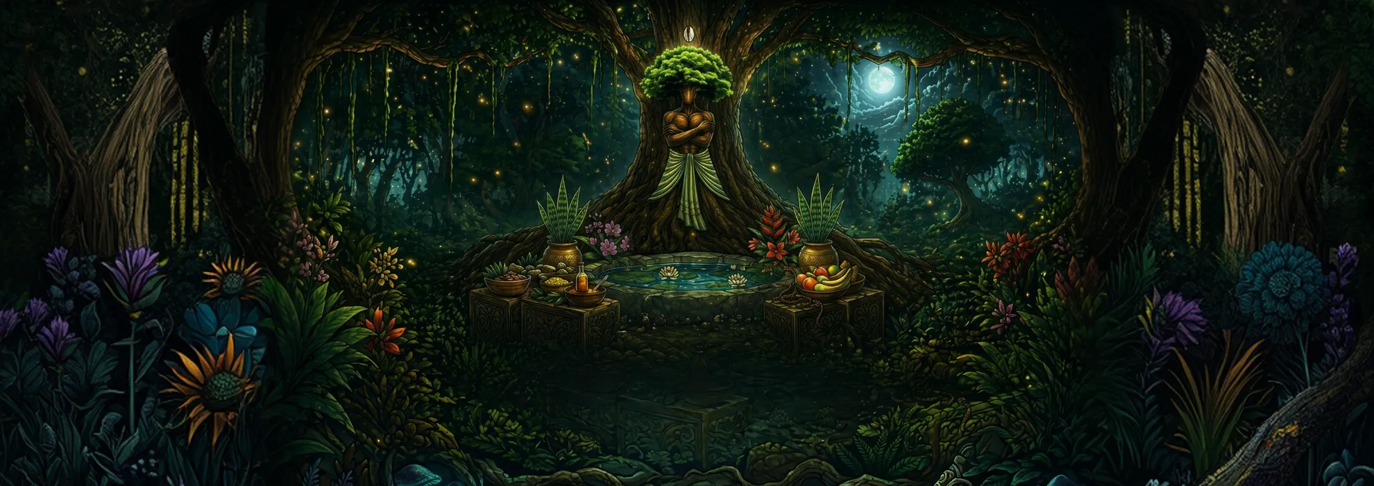 Altar ritualístico de Iroko em uma floresta ancestral