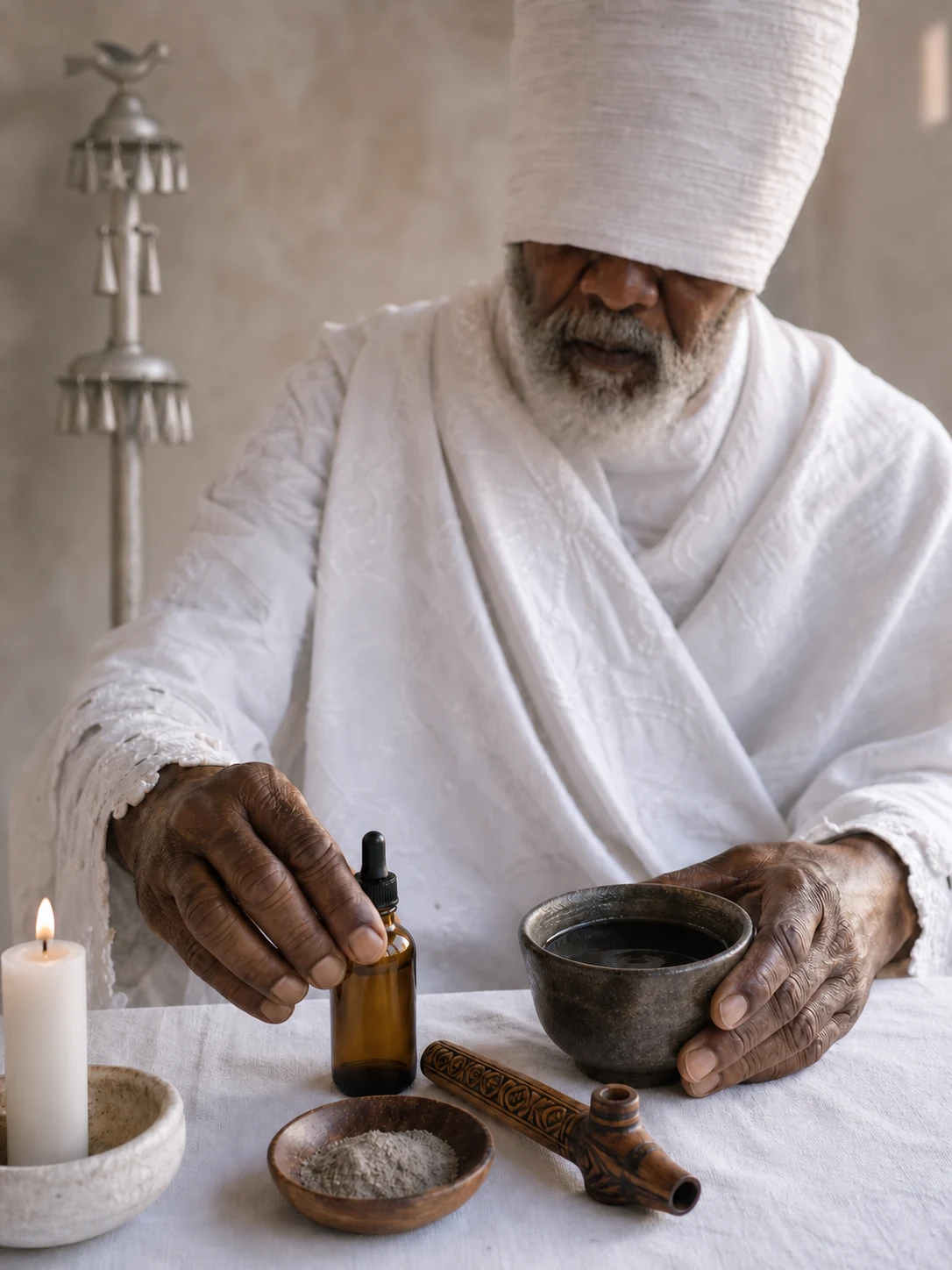 Oxalá preparando Ayahuasca, Sananga e Rapé sobre um altar claro