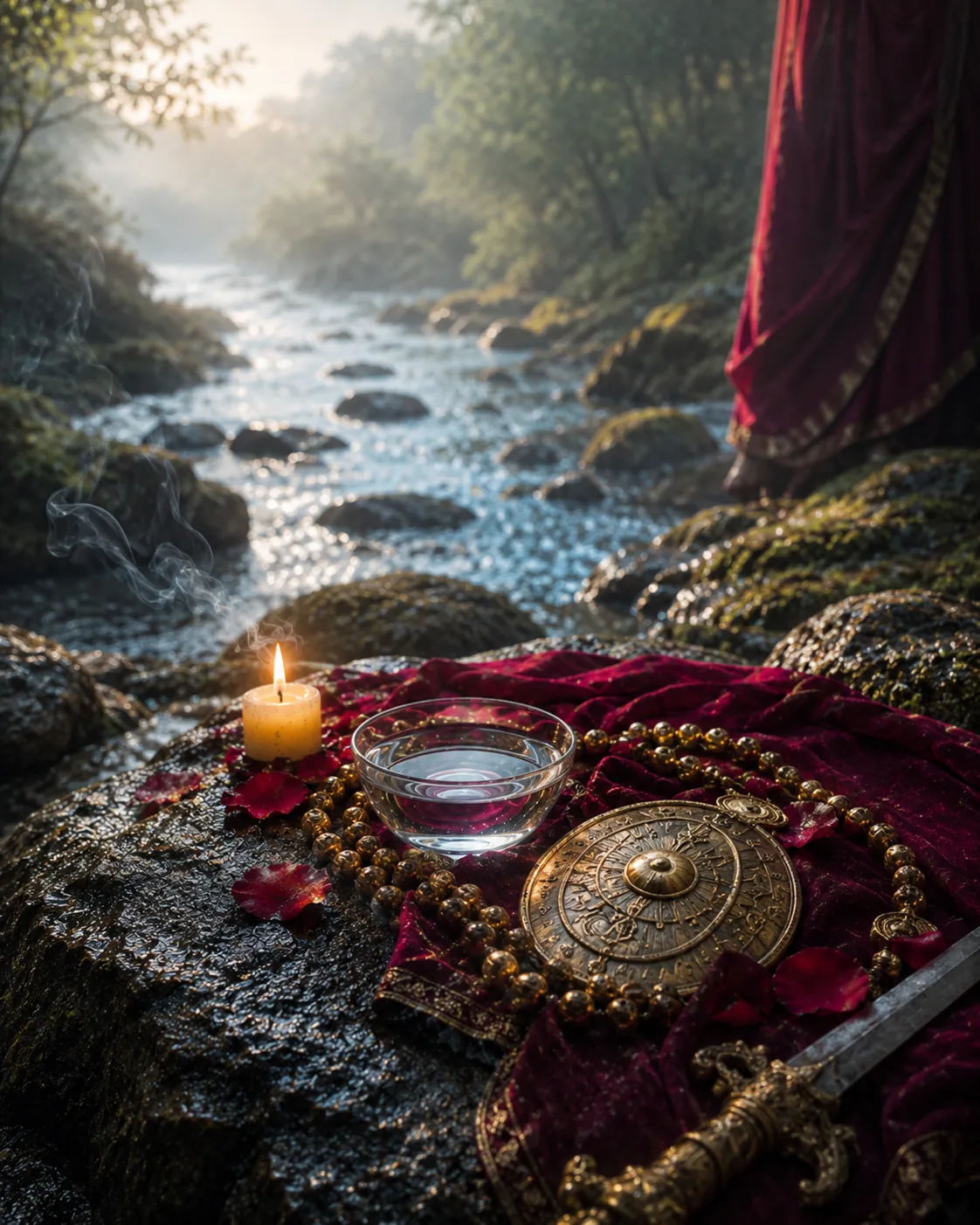 Altar simbólico de Obá com água, fogo, tecido vinho e ouro