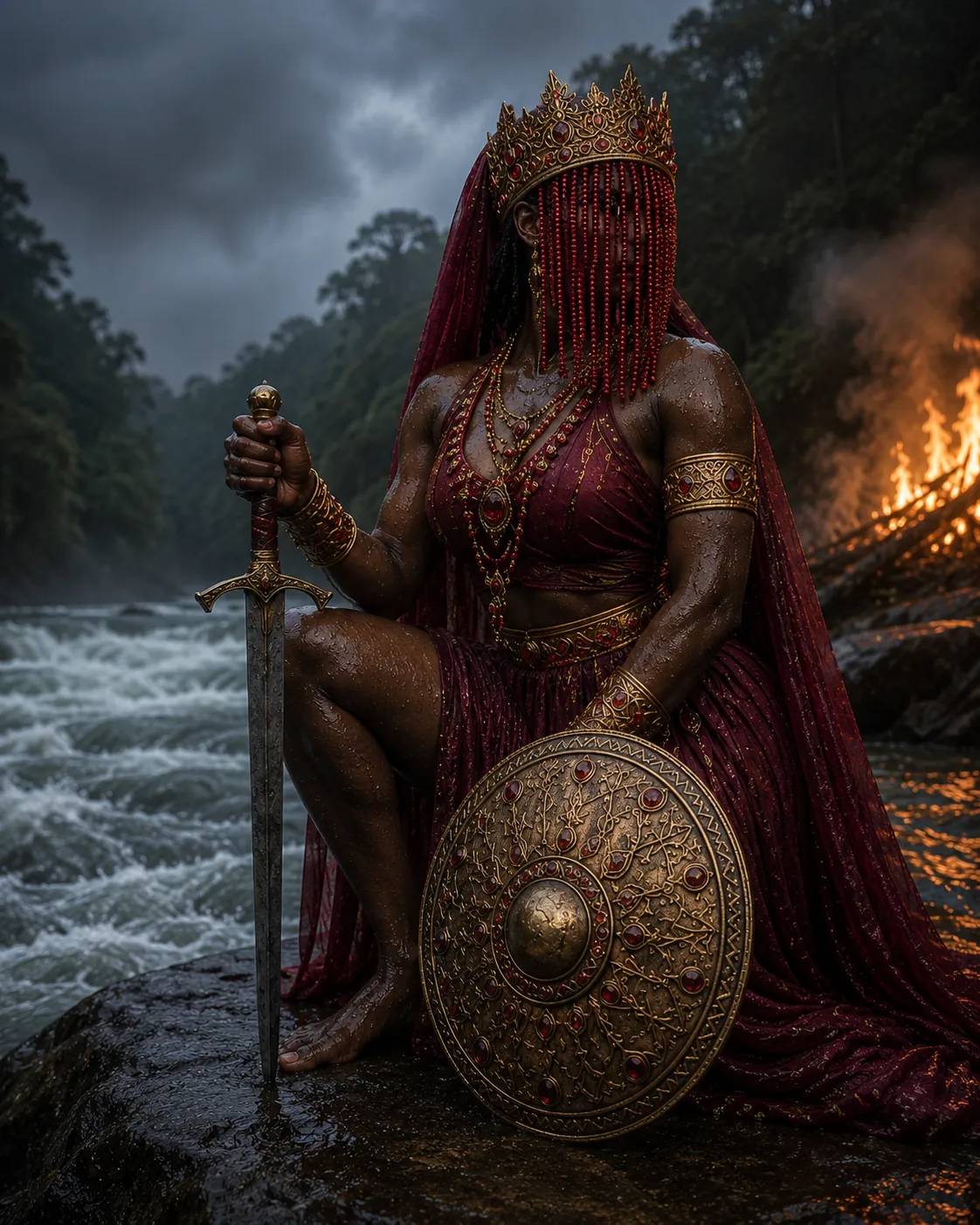Obá velada com espada e escudo diante do rio e do fogo